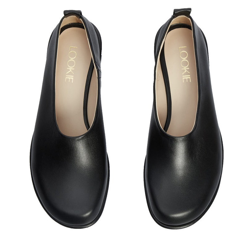 Black Flat Loafers from Natural Leather, Round Toe Flat Shoes, Anatomical Wide Fit Shoes, Minimalist Slip On Black Flats on Low Heel
