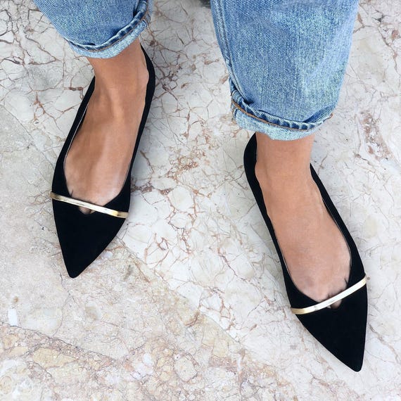 Black Pointed Toe Flats From Genuine Suede, Women Flat Shoes, Black Wedding Shoes With Pointy Toe, Black Ballet Flats With Golden Strap - Etsy Finland Black Pointed Toe Flats From Genuine Suede, Women Flat Shoes, Black Wedding Shoes With Pointy Toe, Black Ballet Flats With Golden Strap - Etsy Finland