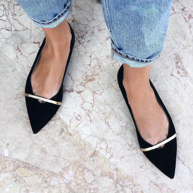 Black Pointed Toe Flats from Genuine Suede, Women Flat Shoes, Black Wedding Shoes with Pointy Toe, Black Ballet Flats with Golden Strap