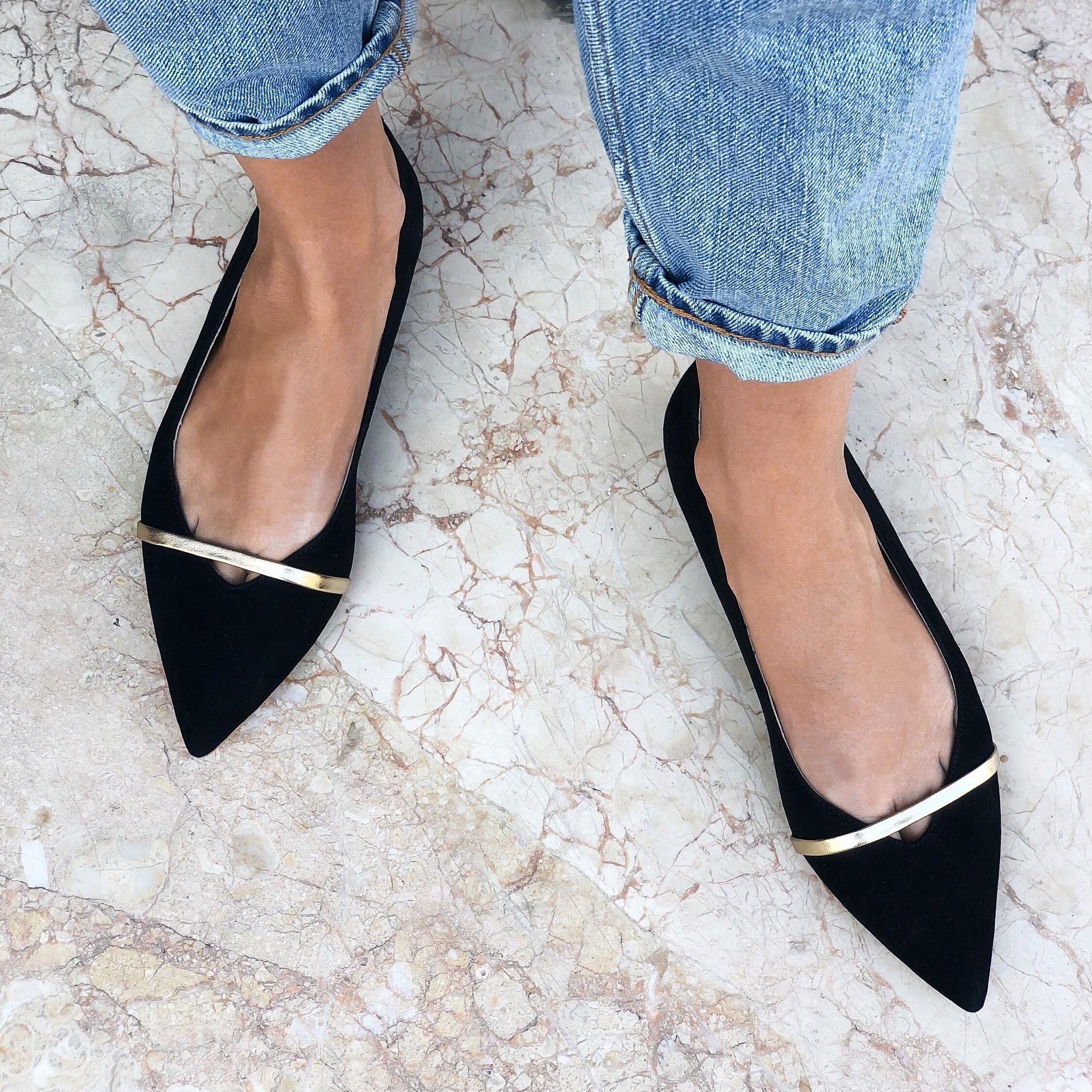 Black Pointed Toe Flats from Genuine Suede, Women Flat Shoes, Black Wedding Shoes with Pointy Toe, Black Ballet Flats with Golden Strap