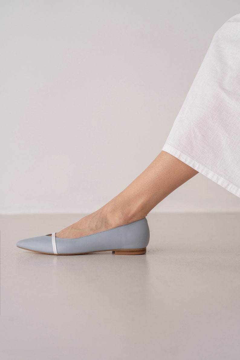 Light Blue Flats with Pointy Toe and Decorative Strap, Wedding Flat Shoes, Closed Toe Flats from Soft Leather, Something Blue Flat Heels image 5