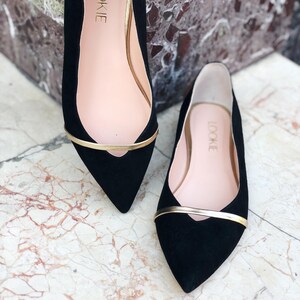 Black Pointed Toe Flats from Genuine Suede, Women Flat Shoes, Black Wedding Shoes with Pointy Toe, Black Ballet Flats with Golden Strap