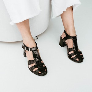Black Fisherman Sandals, Leather Gladiator Buckle Closed Toe Sandals, Women Summer Sandals, Mid Heel Shoes with Open Back and T-Strap image 2