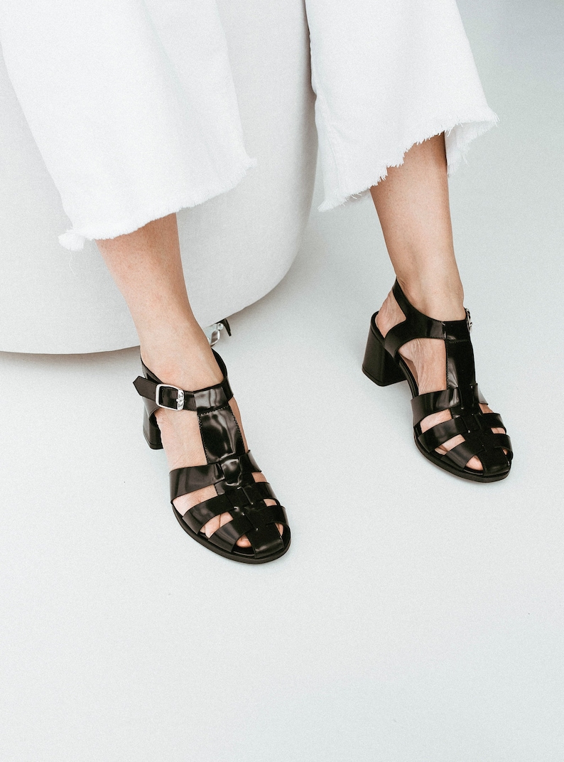 Black Fisherman Sandals, Leather Gladiator Buckle Closed Toe Sandals, Women Summer Sandals, Mid Heel Shoes with Open Back and T-Strap image 2