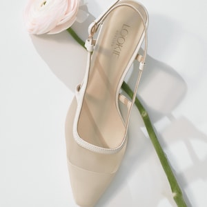 Off White Slingbacks with Low Kitten Heel, Sheer Beige Mesh Pumps with Pointy Toe, Suede Slippers, Women Milky Slip on Shoes with Heel Strap
