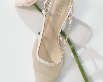 Off White Slingbacks with Low Kitten Heel, Sheer Beige Mesh Pumps with Pointy Toe, Suede Slippers, Women Milky Slip on Shoes with Heel Strap