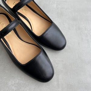 Black Mary Janes with Low Block Heel, Leather Women Shoes with Almond Toe, Handmade Heeled Dress Pumps with Arch Strap and Silver Buckle