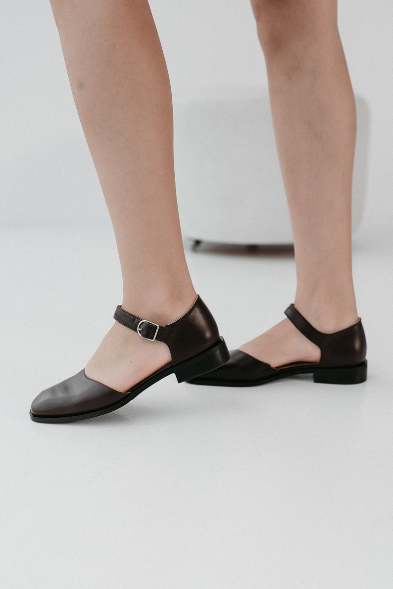 Brown Square Toe Mary Janes in Leather, Women Flats Shoes, Low Block Heel Mary Janes with Brown Strap, Custom Wide Ballet Flat Silver Buckle image 2