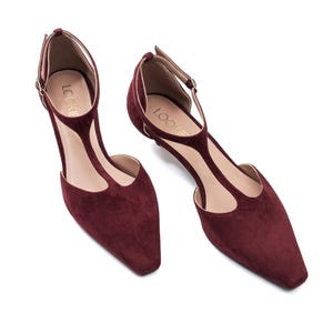 Burgundy Pumps with Kitten Heel and T-Strap from Genuine Suede, Bordo Dress Pumps with Low Heel and Closed Pointy Toe, Classic Formal Shoes