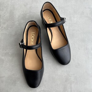 Black Mary Janes with Low Block Heel, Leather Women Shoes with Almond Toe, Handmade Heeled Dress Pumps with Arch Strap and Silver Buckle