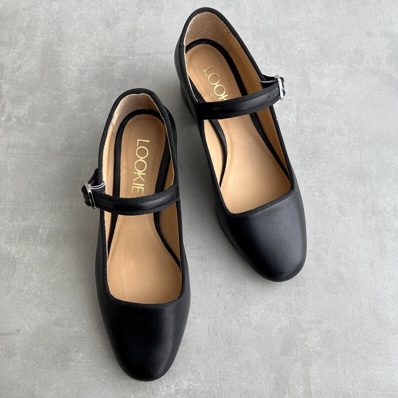 Black Mary Janes with Low Block Heel, Leather Women Shoes with Almond Toe, Handmade Heeled Dress Pumps with Arch Strap and Silver Buckle