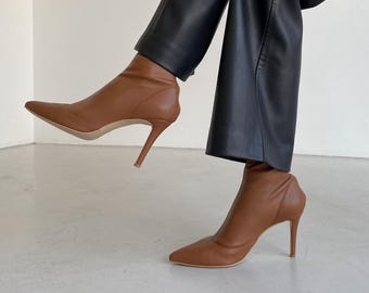 Caramel Boots with Pointy Toe and Stiletto Heel from Vegan Stretchy Leather, Handmade Woman Autumn Booties on High Pointy Heels, Ankle Boots