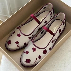 Mesh Flats Burgundy Floral Embroidery Arch Strap Beige Fishnet Ballet Shoes Genuine Leather Insole Sheer Slip On Women Flat Shoes