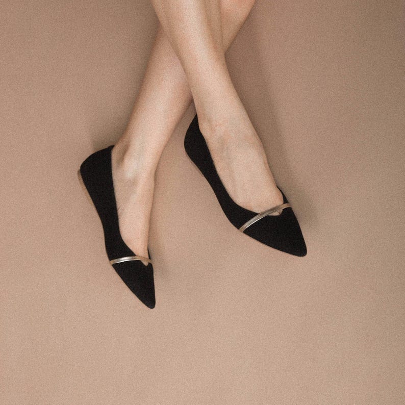 Black Pointed Toe Flats from Genuine Suede, Women Flat Shoes, Black Wedding Shoes with Pointy Toe, Black Ballet Flats with Golden Strap