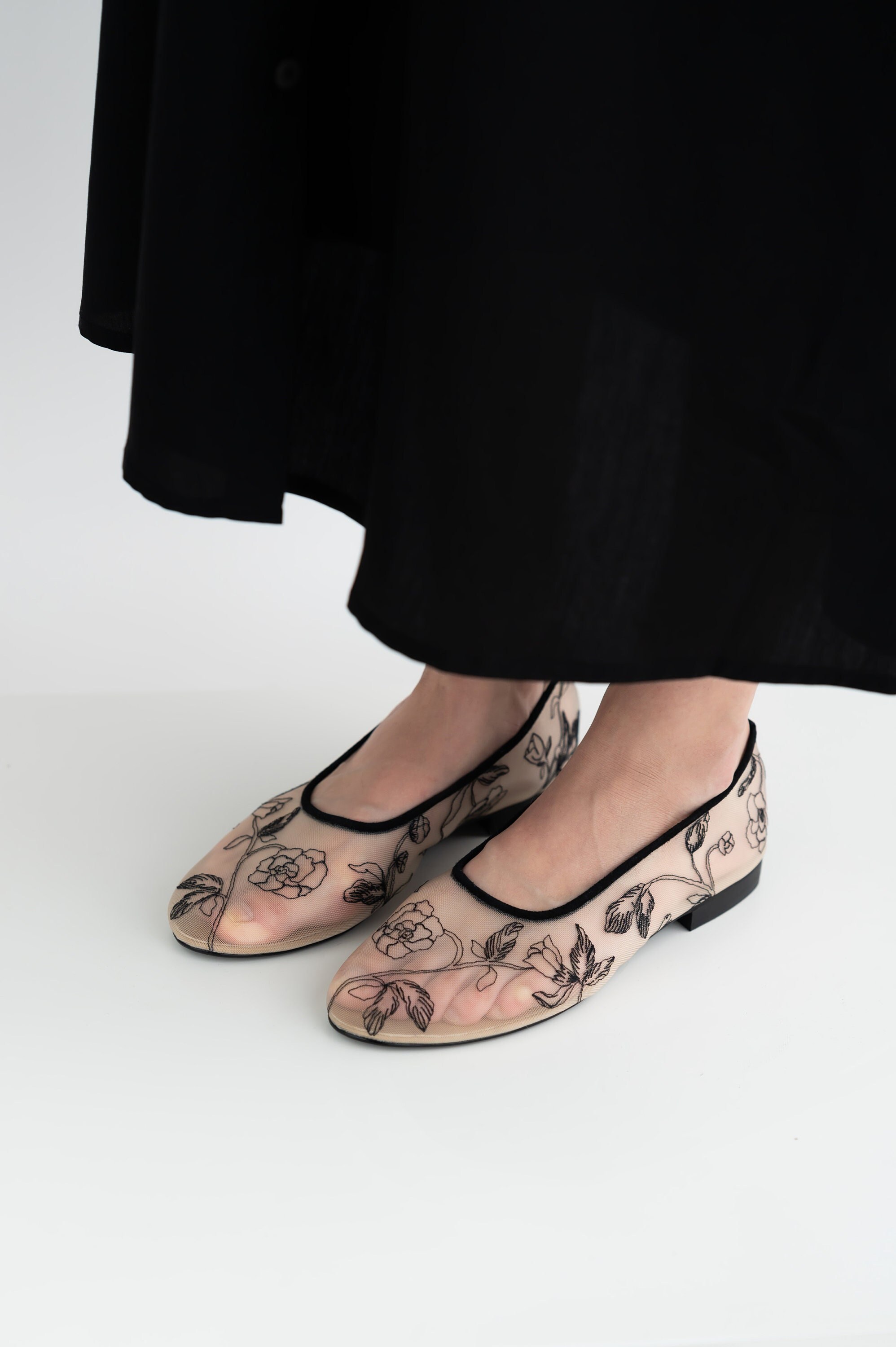 Beige Mesh Flats With Black Embroidery and Trim Fishnet Ballet Shoes With Genuine Leather Insole Slip on Women Flat Shoes Sheer Flats Etsy