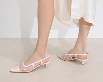 Pink Slingbacks with Crystal Embroidery, Low Kitten Heel, Sheer Mesh Pumps with Pointy Toe, Light Pink Leather Slippers, Women Slip on Shoes