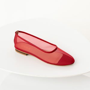 Red Mesh Flats with Almond Closed Toe and Genuine Leather Insole, Fishnet Ballet Shoes, Sheer Women Flat Shoes, Romancecore Jelly Shoes