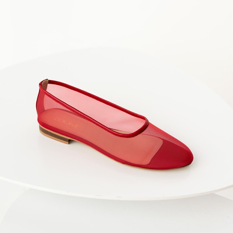 Red Mesh Flats with Almond Closed Toe and Genuine Leather Insole, Fishnet Ballet Shoes, Sheer Women Flat Shoes, Romancecore Jelly Shoes