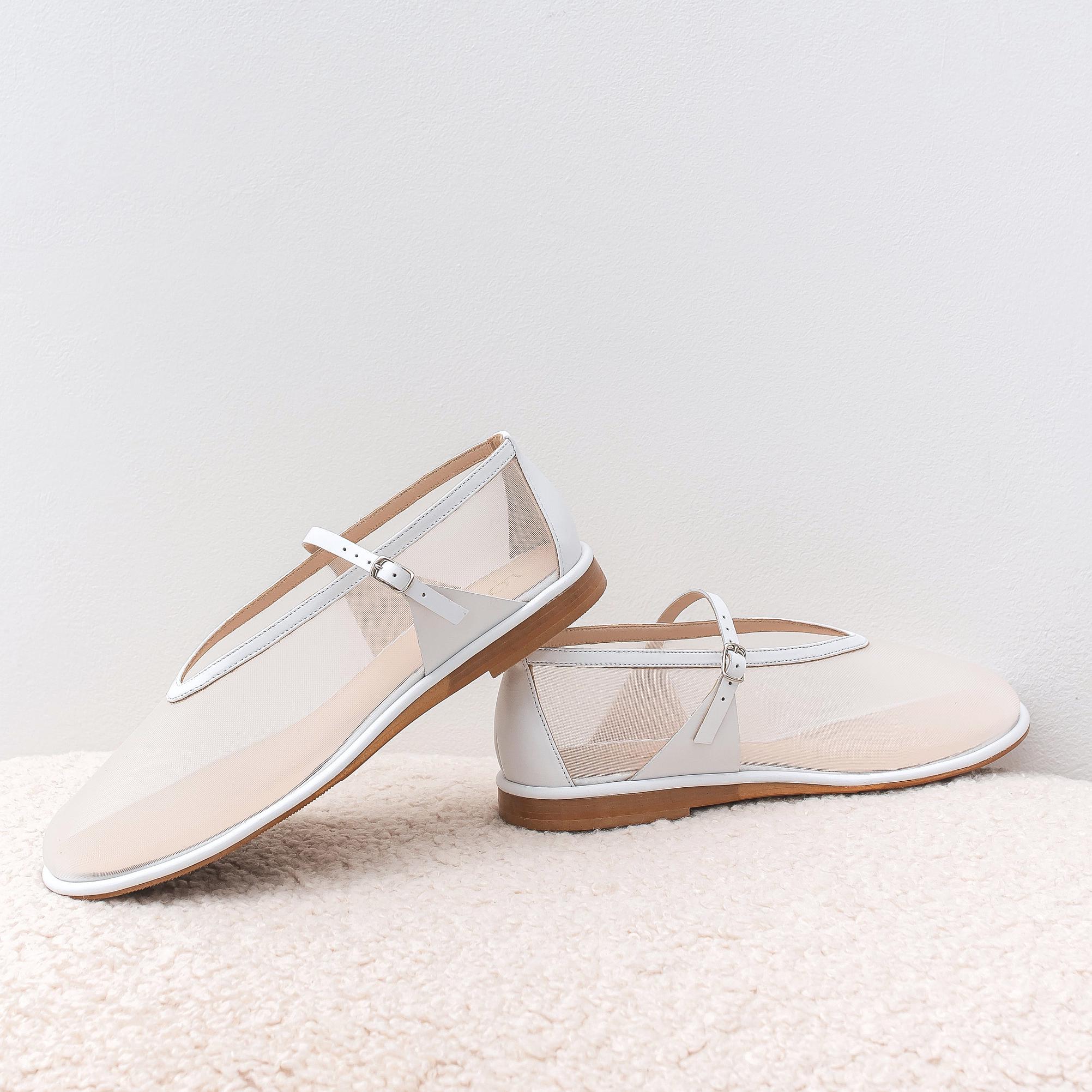 White Mesh Flats with Anatomically Shaped Toe and V-cut Vamp, Fishnet Sheer Ballet Shoes, Barefoot Women Flat Slip On Shoes with Arch Strap