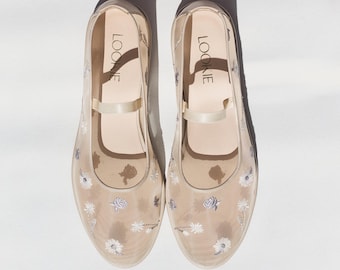 Beige Mesh Flats with Floral Embroidery and Arch Strap, Fishnet Ballet Shoes with Genuine Leather Insole, Sheer Slip On Women Flat Shoes