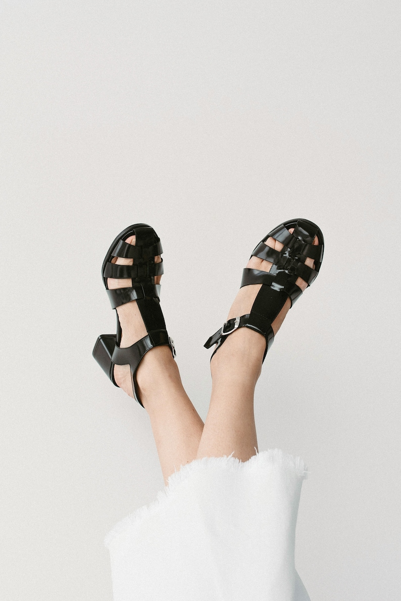 Black Fisherman Sandals, Leather Gladiator Buckle Closed Toe Sandals, Women Summer Sandals, Mid Heel Shoes with Open Back and T-Strap image 1