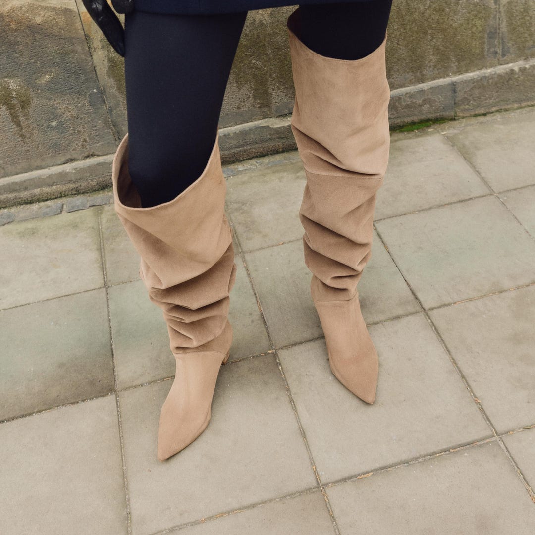 beige dress boots women Thigh High with Kitten Heel, Over The Knee Boots with Pointy Toe, Leather Above Knee Slouchy Boots with Low Slim Heel Windsor Felicia Floral Beaded Colour:Navy nappa calfskin boho-chiffon and pull tabs