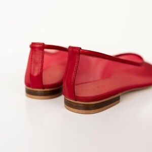 Red Mesh Flats with Almond Closed Toe and Genuine Leather Insole, Fishnet Ballet Shoes, Sheer Women Flat Shoes, Romancecore Jelly Shoes