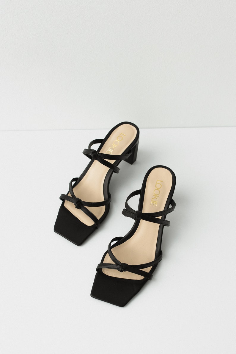 Black Sandals with Square Peep Toe, Strappy Criss Cross Leather Mules with Open Toe and Block Heel, Handmade Women Summer Slippers image 7