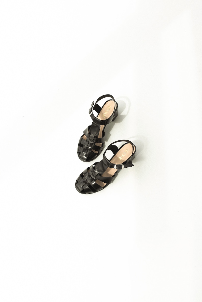 Black Fisherman Sandals, Leather Gladiator Buckle Closed Toe Sandals, Women Summer Sandals, Mid Heel Shoes with Open Back and T-Strap image 8