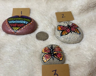 Butterfly, Heart, and Flower Painted Rocks--Spring Garden Decor--Beautiful Unique Painted Rocks--Mandala Painted Stones--Garden Accents