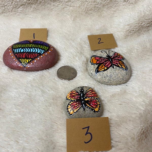 Butterfly, Heart, and Flower Painted Rocks--Spring Garden Decor--Beautiful Unique Painted Rocks--Mandala Painted Stones--Garden Accents