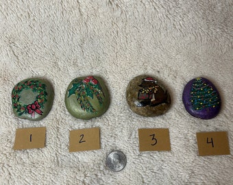 Christmas Themed Painted Rocks--Winter Painted Rocks--Garden Rock Decor--Unique Painted Rocks--Holiday Wreath, Holly, Christmas Tree