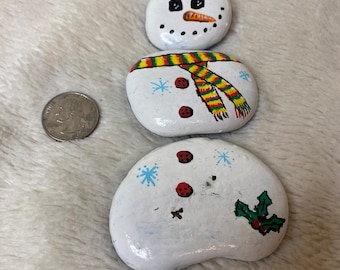 Snowman Winter Hand Painted Rocks Set of 3--Winter themed garden decor--snowman painted rocks