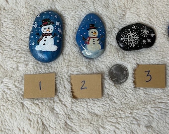 Handmade Winter Scene Painted Rocks--Winter Painted Rocks--Garden Rock Decor--Unique Painted Rocks--Snowman and Snowflake Rocks