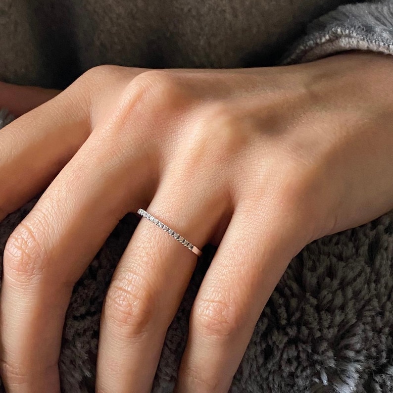 14k Gold Tiny White Diamond Ring /Handmade White Diamond Ring /Diamond Stackable Ring /Unique Diamond Minimalist Ring / Diamond Wedding Band image 1