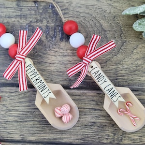 Candy Cane Christmas Scoop, Mini wood bead garland, Christmas tiered tray decor, wood beaded garland for tiered tray or Rae Dunn canister