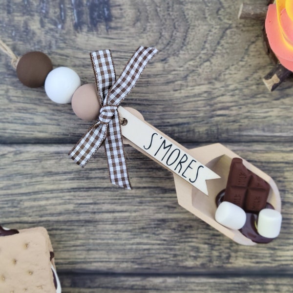 Wooden S'mores Scoop, ice cream Bar, smore tray, wood bead garland for tiered tray or Rae Dunn canister, smores decor, smore tiered tray