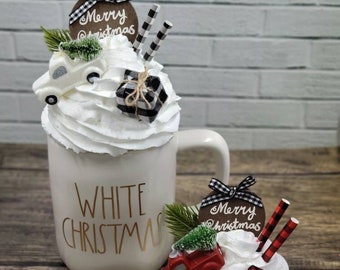 Farmhouse Faux Whip Mug Topper, Christmas mug topper, Christmas tiered tray decor, rae dunn mug topper | marshmallow faux whip mug topper