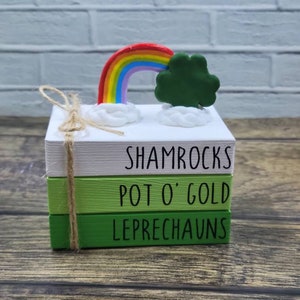 St. Patricks Day mini book stack, pot of gold st patricks day tiered tray decor, st pattys mini book stack for tier tray or rae dunn display