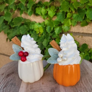 Faux Pumpkin latte, fall decor, fall tiered tray decor, pumpkin spice, mini fake drinks for tiered tray or rae dunn display, faux treats