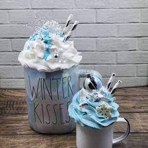 Blue Winter Snowflake Faux Whip Mug Topper, Christmas mug topper, Christmas tiered tray decor, rae dunn mug topper | marshmallow mug topper