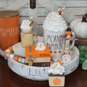 Pumpkin Spice Latte tiered tray decor, fall decor, fall tiered tray, fall book stack for tier tray or rae dunn display, pumpkin pie faux pie