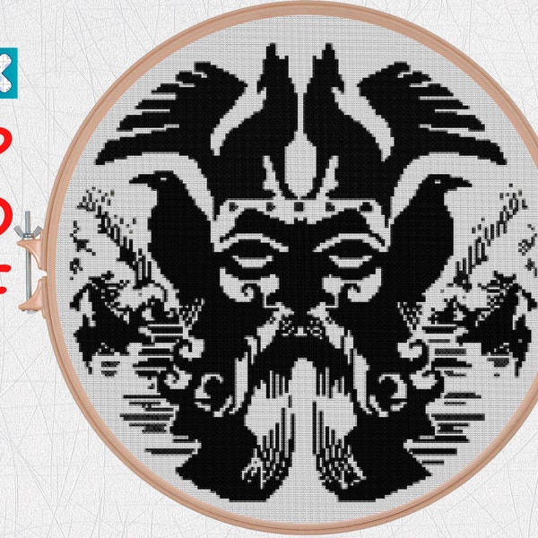 Viking cross stitch pattern for beginners Odin cross stitch pattern Crow cross stitch PDF X-Stitch Printable Norse embroidery
