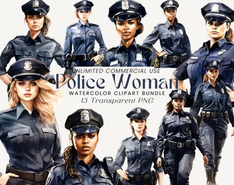 Polizistin Aquarell Clipart Bundle: 13 PNG Illustrationen (Digitaler Download)