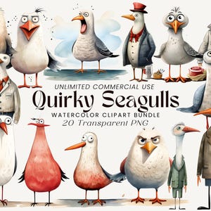 Schrullige Möwe Aquarell Clipart | Verspielte Möwen Kunst | Möwe Illustrationen | Lustige Möwe Design | Vogel Clipart | Wunderliche Kunst