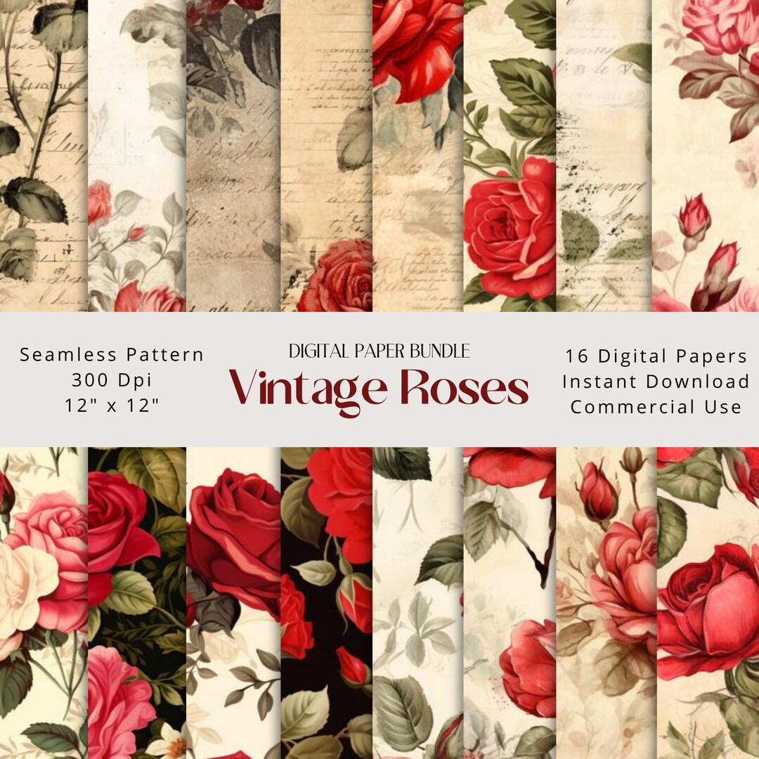 Red Roses Seamless Digital Paper Bundle, Floral Digital Paper , Vintage ...