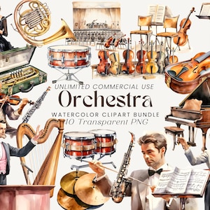 Paquete de imágenes prediseñadas de acuarela de orquesta / Instrumento musical / Arte digital de orquesta / Imágenes prediseñadas de invitación musical / Violín, piano, flauta, arpa Png