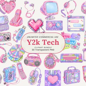 Könnte beinhalten: Ein digitales Clipart-Set mit Y2k-Technik-Elementen wie einem herzförmigen Telefon, einem Retro-Computer, einer Kassette, Kopfhörern, einer CD, einer Digitalkamera, einer Tastatur und einer Spielkonsole in pastellfarbenen und irisierenden Tönen.