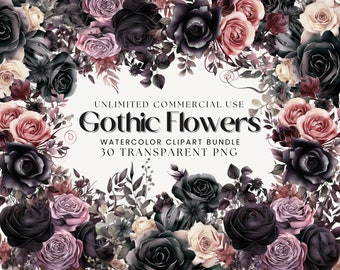 Gothic Watercolor Floral Clipart Bundle | Gothic Flower Graphic, Dark Fantasy, Gothic Roses, Dark Moody Flowers, Gothic Wedding, Fantasy PNG