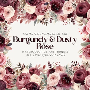 Lot de cliparts fleurs bordeaux et roses cendrées | Clipart floral aquarelle, bouquets de fleurs, éléments floraux, cadres et bordures floraux